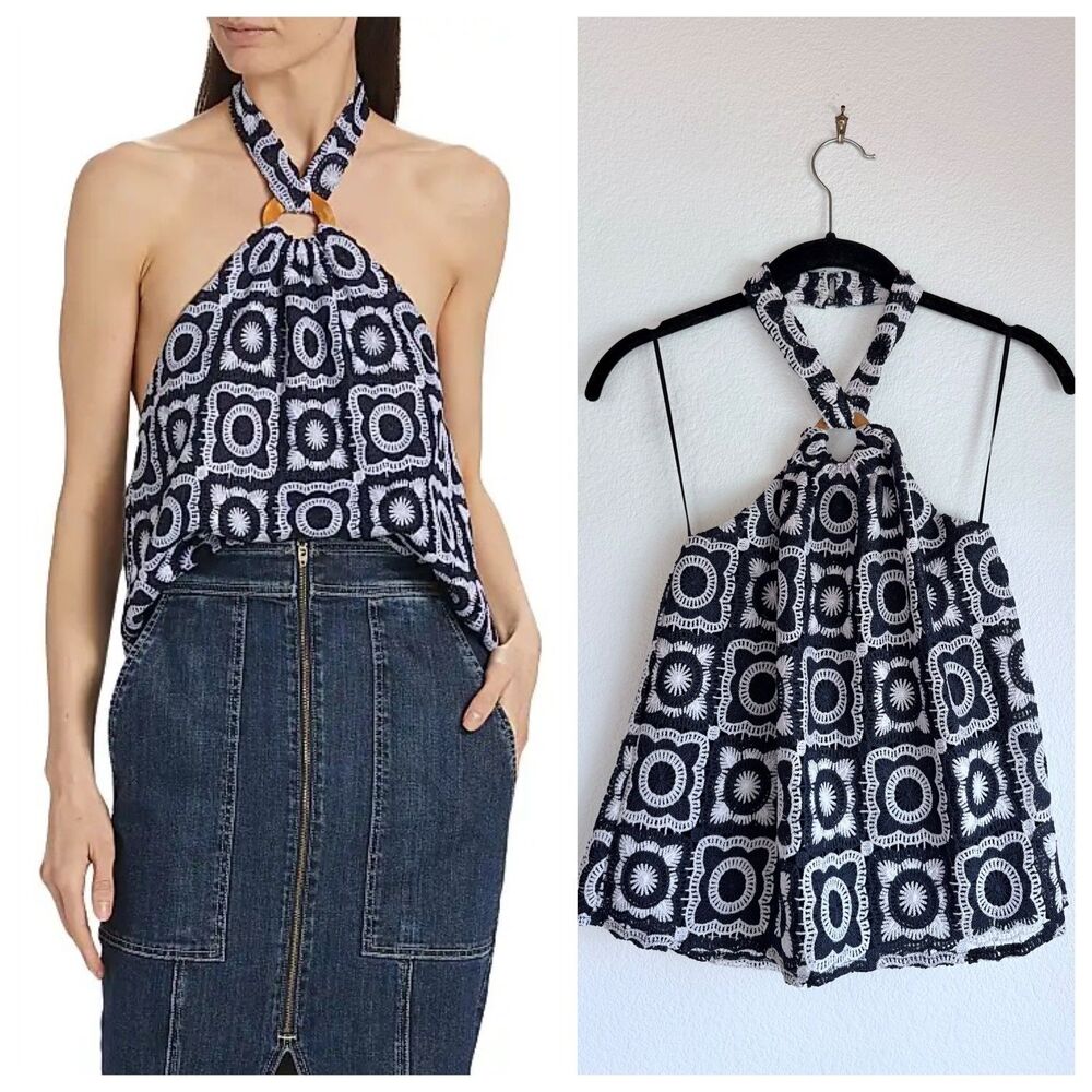NWT Ramy Brook Bessie Crochet O-Ring Halter Top in Spring Navy Size Small